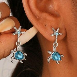 Starfish and Turtle Silver Earrings with Blue Stone